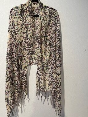 Lightweight Printed Fringe Scarf Shawl in Cream, Purple & Mint
74” Long x 33